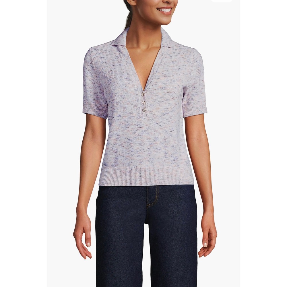 Lands End Womens Small Space Dye Short Sleeve Polo Sweater Preppy Office